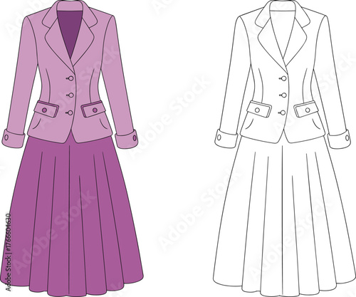 Fashion outfit illustration, tailored jacket, pleated skirt design, clothing CAD, apparel drawing, fashion sketch, coloring page, vector, design, garment artwork