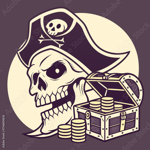 Pirate skull wearing tricorne hat with treasure chest full of gold coins