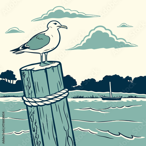 Seagull perched on a wooden post in the ocean with a sailboat in the background