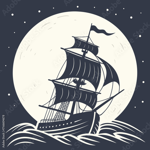 Silhouette of a majestic sailing ship on the sea under a large full moon and starry night sky