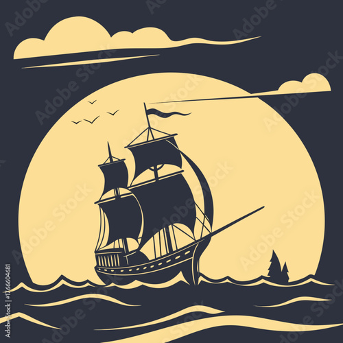 Silhouette of a majestic tall ship sailing on the ocean under a large full moon