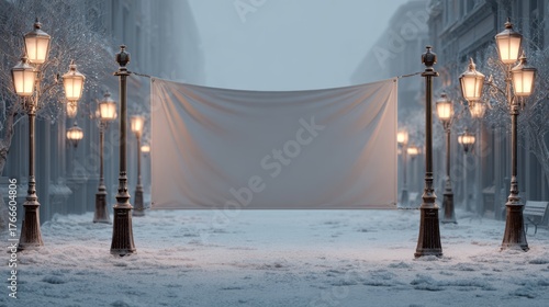 A serene winter scene featuring a blank banner suspended between elegant street lamps in a snowy, tranquil setting.