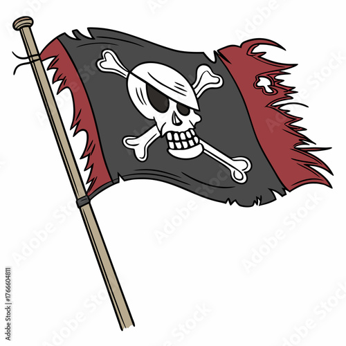 Tattered jolly roger pirate flag with skull and crossbones waving on a pole