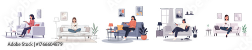 Modern Flat Illustration of Women Sitting on Sofa Holding Remote in Cozy Living Room