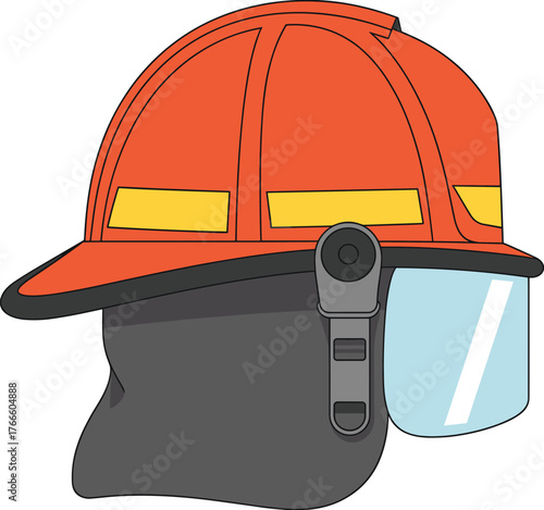 Firefighter helmet illustration, red safety gear, protective head equipment, emergency service drawing, reflective strips, face shield, rescue, fire department, hero, protection