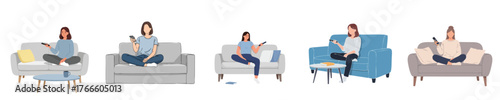 Modern Flat Vector Illustration of Woman Sitting on Sofa Holding Remote Control Watching TV in Cozy Living Room