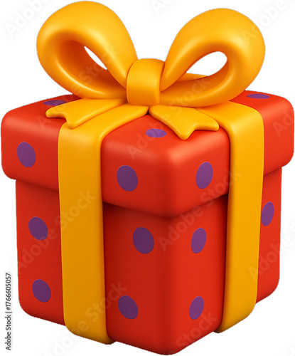 3D illustration of a festive Christmas gift box with yellow ribbon and bow on a transparent background. Perfect for holiday cards, banners, ads, and seasonal design projects.