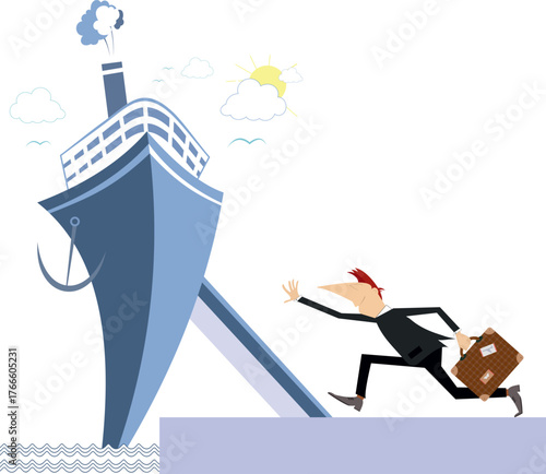 Port. Ship. Running man.
Scurrying man with suitcase trying does not miss a departure of the ship

