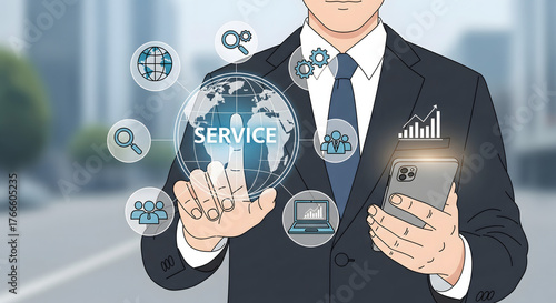 Global Service Concept: An elegant business professional interacts with a modern global service concept, highlighting technology and service with futuristic imagery, in front of a blurry modern city.