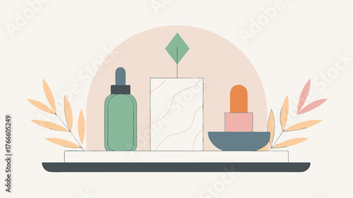 A minimalist vanity display featuring a chic marble tray holding an assortment of botanicalinfused oils and a crystal roller.