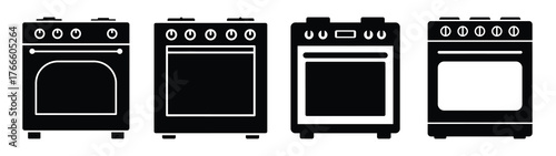 oven minimal flat icon set, black color and white background