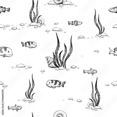 A graphic seamless pattern featuring a seabed. Hand drawn with seaweed, shells, pebbles, and fish. The clip art is done in a childish style.