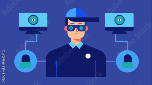 A security professional monitoring multiple camera feeds through their smart glasses with alerts and important details highlighted digitally.