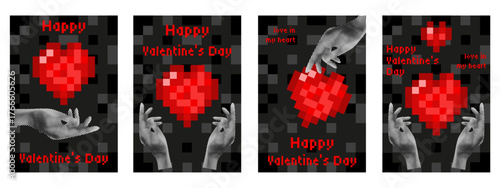 Valentine's Day. Trendy Halftone collage Valentine Day vector poster cover set with Pixel art red heart and stipple hand. Perfect modern Halftone effect romantic Valentines art background collection