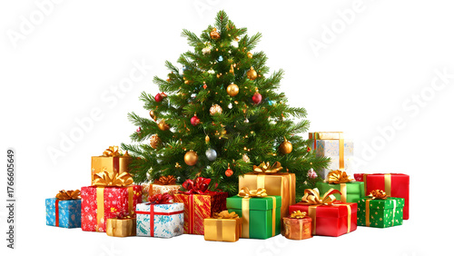 christmas tree with colorful gifts and lights isolated png transparent backgrounf
