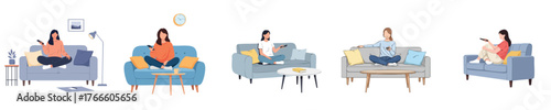 Woman Relaxing on Sofa Holding Remote Watching TV in Cozy Living Room Flat Vector Illustration