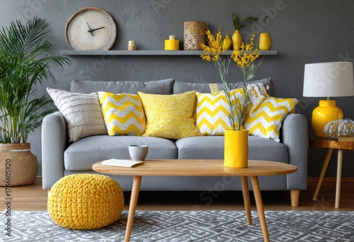 living room interior design with a grey sofa and yellow pillows, scandinavian-style home decor