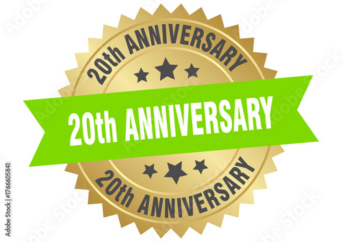 20th anniversary. 20th anniversary round green and gold label isolated on transparent background