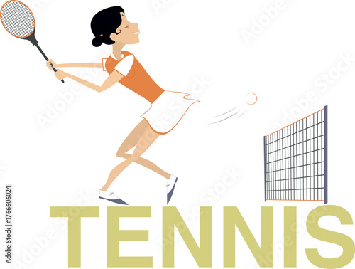 Tennis word. Young woman playing tennis.
Word tennis combine with young woman playing tennis. Tennis net.
