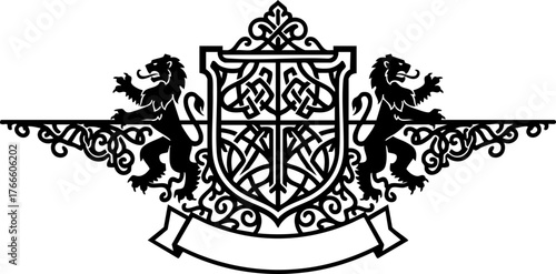 Elegant heraldic crest with lions and ornate shield evokes power, heritage, and noble prestige for branding and design