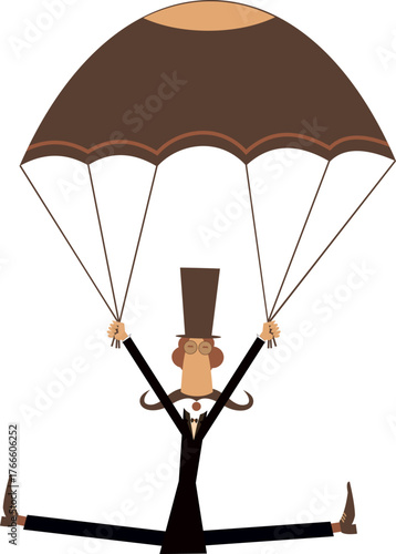 Funny skydiver man in the top hat. 
Skydiver man in the top hat derives enjoyment from jumping. Isolated on white background
