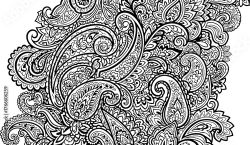 Intricate black and white paisley pattern evokes timeless elegance and artistic flair, perfect for sophisticated design projects and cultural accents.