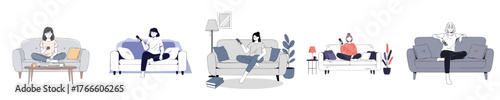 Minimalist Flat Illustration of Woman Sitting on Sofa Holding Remote Watching TV in Modern Living Room