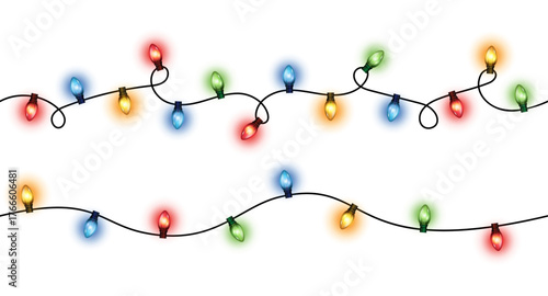 Vector set of realistic glowing colorful hanging christmas lights in seamless pattern on white background