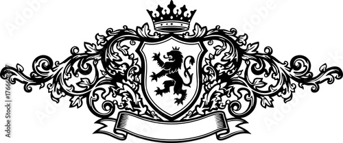 Elegant royal crest featuring a lion rampant crowned and ornate scrollwork with a banner for text creation