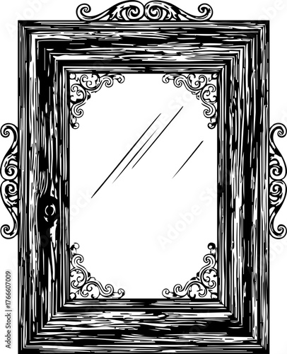 Elegant ornate antique mirror frame design with decorative flourishes, a timeless decorative element for sophisticated interiors and artistic projects.