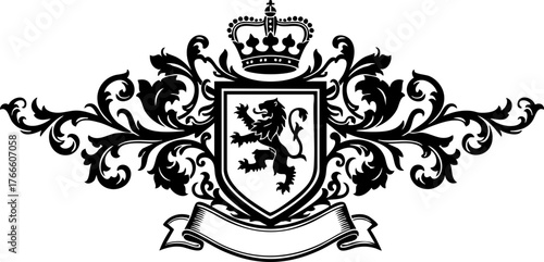 Majestic royal crest design featuring a noble lion and ornate scrollwork, perfect for elegant branding and premium product packaging.
