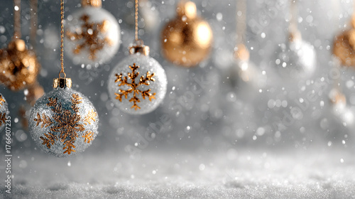 Christmas background with snowflakes and hanging bauble ornaments, shiny white and silver glittery design, with snow falling and copy space