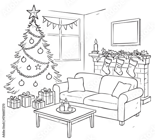 Hand drawn illustration of a living room with Christmas decoration, interior design with couch, cupboard, Christmas tree and gift boxes