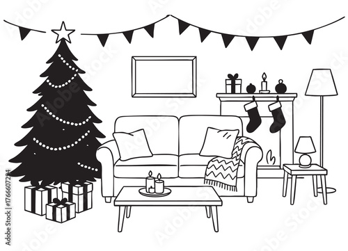 Hand drawn sketch of a living room with Christmas decoration, interior design with couch, cupboard, Christmas tree and gift boxes