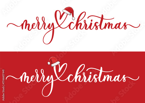 Merry christmas text with santa hat isolated on white background and red background