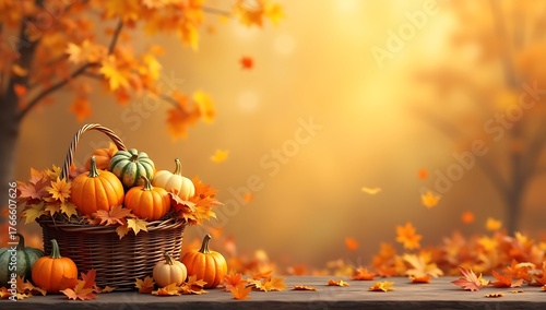 A rustic basket of pumpkins and gourds on a wooden table with golden autumn leaves falling