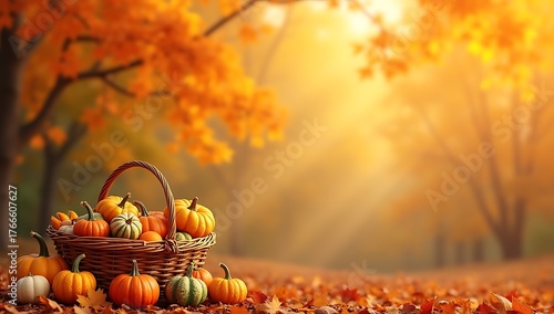 Autumn Harvest Pumpkins in a Woven Basket Amidst Golden Leaves