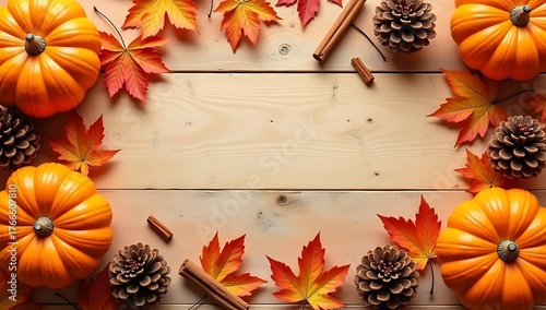 Autumn seasonal background with a frame of pumpkins, leaves, and pine cones on a wooden surface