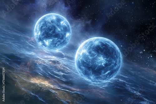 Surreal Illustration of Two Fictional Neutron Stars Floating in a Mystical Cosmic Ocean with a Starry Space Background