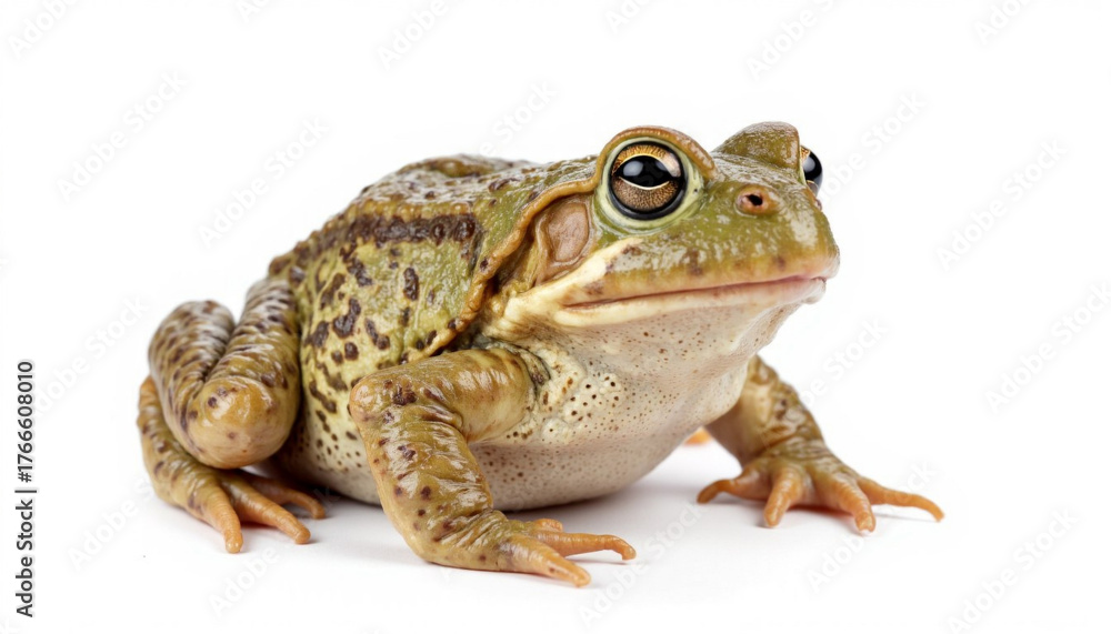 Fototapeta premium Green toad sitting on white background with detailed texture