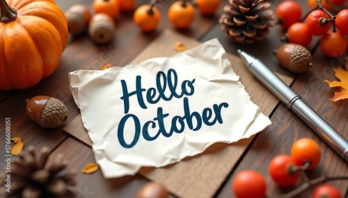 Hello October Autumnal Still Life with Pumpkins, Acorns, and Greetings