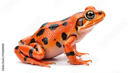 Orange spotted frog sitting on white background showcasing amphibians  
