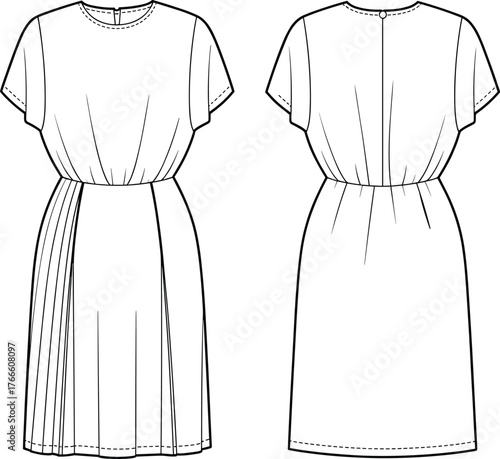 Pleated midi dress technical sketch, front and back view, gathered waist, round neckline, short sleeves, fashion template, vector garment drawing