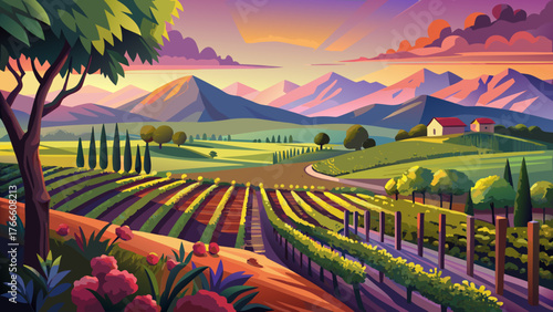 Very beautiful, Napa Valley wine country vineyards in spring and colorful sunset, lush green vines, rolling hills, golden light, serene atmosphere, and breathtaking landscape filled with seasonal beau