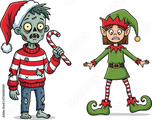 Funny Christmas cartoon of zombie holding candy cane and scared elf character in festive outfits, holiday humor illustration vector art