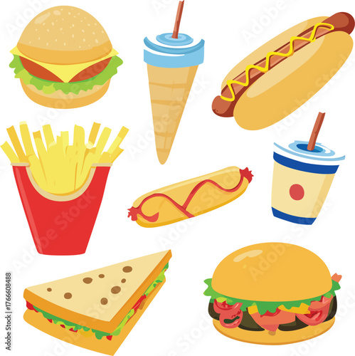 Assorted Fast Food Items Including Burgers Fries Hot Dogs and Drinks Keywords: fast food, burger, hamburger, cheeseburger, french fries, hot dog