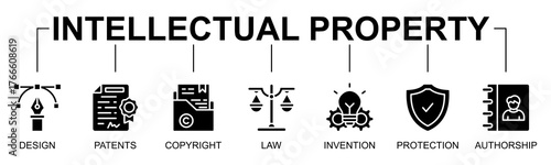 Intellectual Property banner web icon vector glyph style illustration concept with icon of intellectual property, design, patents, copyright, law, invention, protection, authorship
