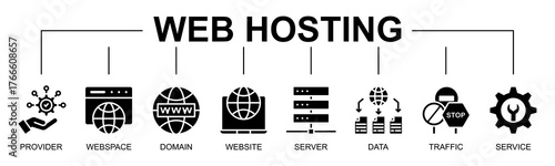 Web Hosting banner web icon vector glyph style illustration concept with icon of web hosting, provider, webspace, domain, website, server, data, traffic, service, internet
