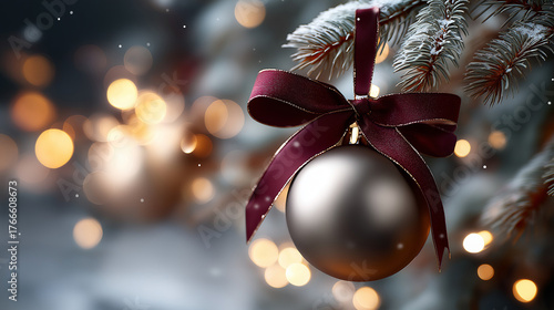 Goldene Weihnachtskugel an verschneitem Tannenzweig mit Bokeh