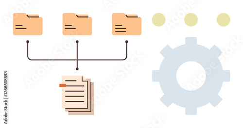 Networked folders connected to a document stack, cogwheel symbolizing automation, and workflow process. Ideal for data organization, file sharing, teamwork, business processes, IT systems, digital